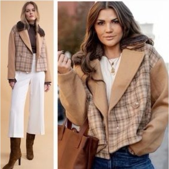 Rachel Parcell Double Breasted Tan Iced Coffee Plaid Jacket Wool Blend Size XS - Picture 2 of 11